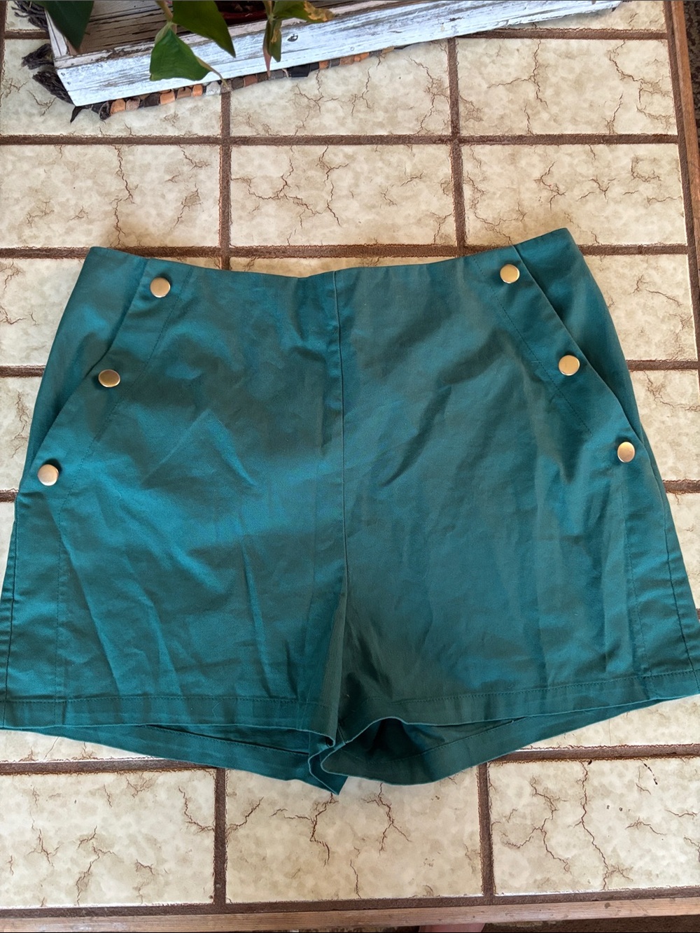 Trendy boutique Teal High-Waist Shorts with Gold Buttons